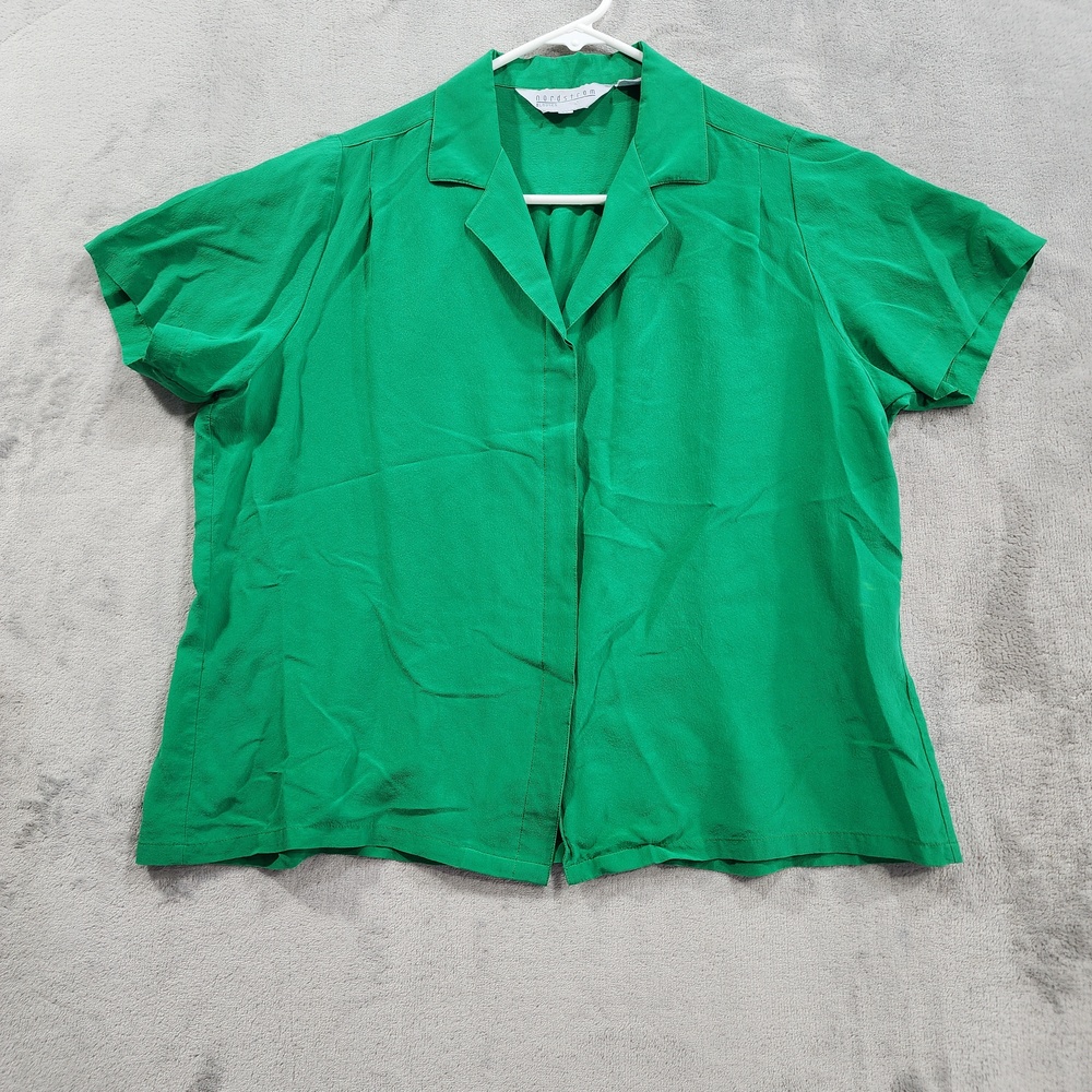 Vintage Nordstrom Shirt Womens M Green Silk Short Sleeve Button Front Preppy